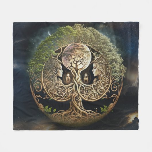 生命の女神と月の木 フリースブランケット (正面(横))