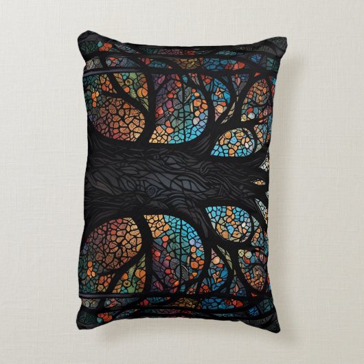 生命の木ステンドグラスのモザイクアート アクセントクッション (裏面(縦))