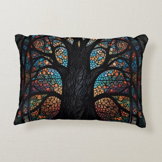 生命の木ステンドグラスのモザイクアート アクセントクッション (裏面)