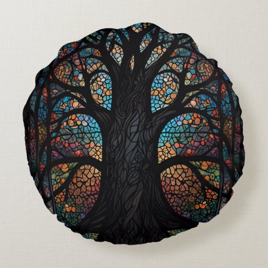 生命の木ステンドグラスのモザイクアート ラウンドクッション (裏面)
