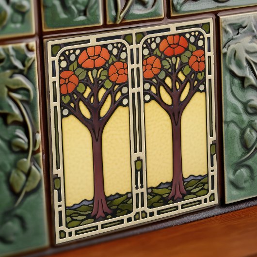 生命の木抽象芸術イエローオレンジミッドセンチュリー タイル