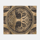 生命の木-イグドラシル-木の皮と金ゴールド フリースブランケット (正面(横))