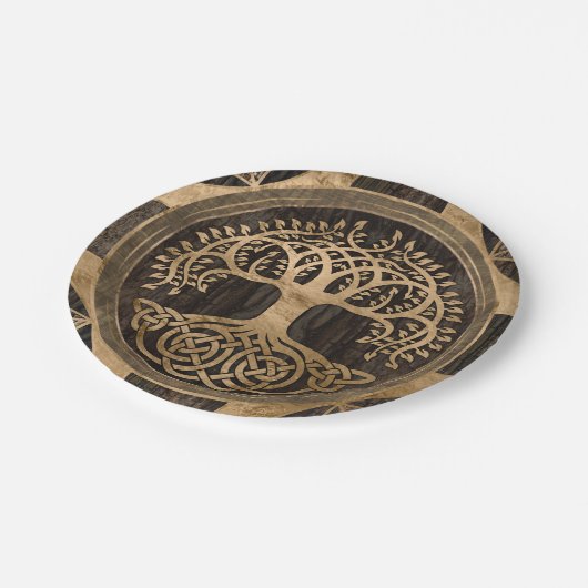 生命の木-イグドラシル-木の皮と金ゴールド ペーパープレート (アングル)