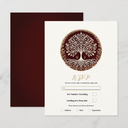 生命の木 ラスティック ダークレッド ケルト風 結婚式 出席確認 招待状 (正面/裏面)