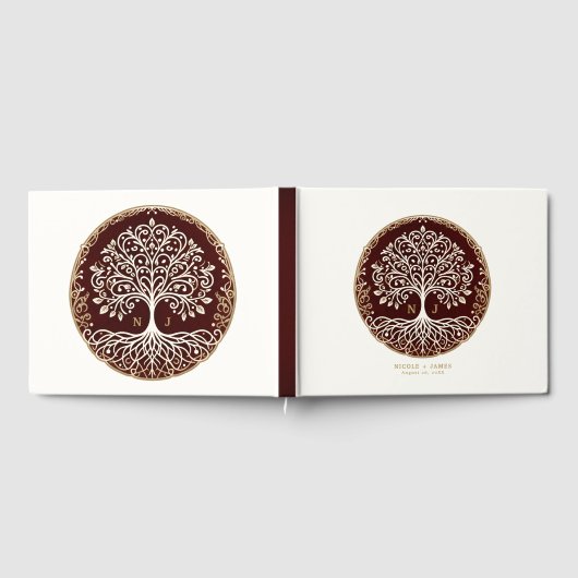 生命の木 ラスティック ダークレッド ケルト ウェディング ゲストブック (全面)