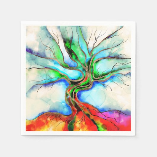 生命の木 – 水色、インクと金ゴールド スタンダードカクテルナプキン (正面)