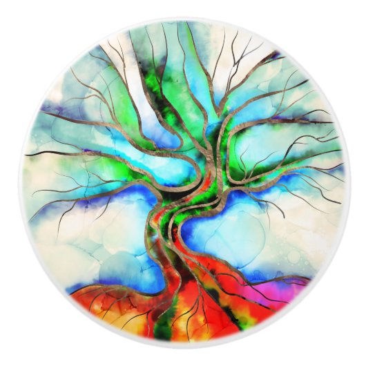 生命の木 – 水色、インクと金ゴールド セラミックノブ (正面)