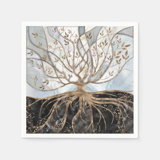 生命の木 – 真珠、金ゴールド、黒大理石 スタンダードカクテルナプキン (正面)