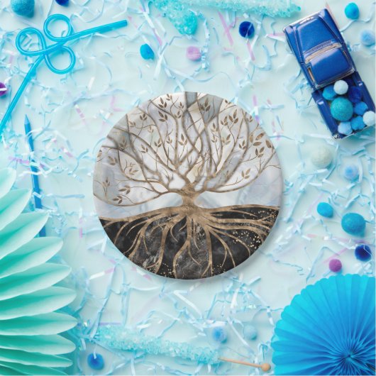 生命の木-真珠、金ゴールド、黒大理石 ペーパープレート (パーティー)