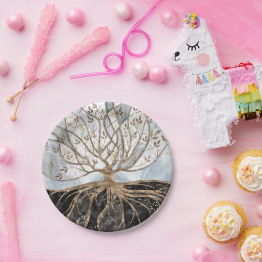 生命の木-真珠、金ゴールド、黒大理石 ペーパープレート (パーティー)