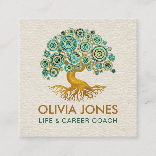 生命の木 – 緑のモザイクの円 スクエア名刺 (正面)