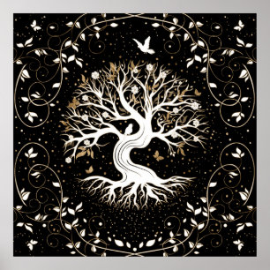 生命の木- Yggdrasil -白黒と金ゴールド ポスター