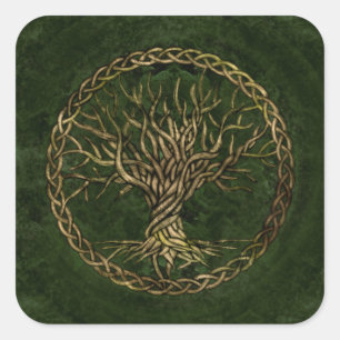 生命の木 – Yggdrasil – 緑と金ゴールド スクエアシール