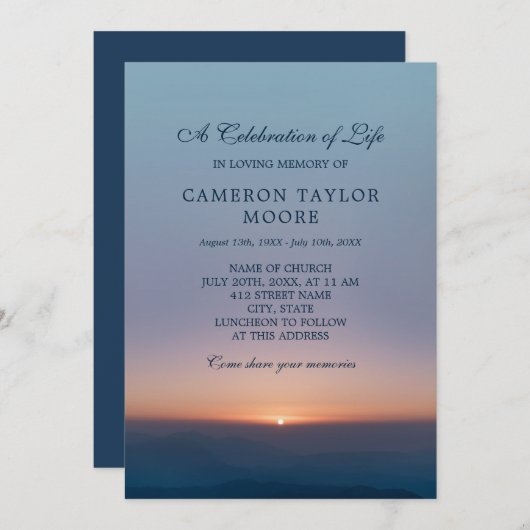 生命の柔らかい日の出のお祝い 招待状 (正面/裏面)