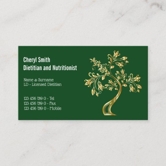 生命の栄養士の木のフェイク金ゴールド緑 名刺 (正面)