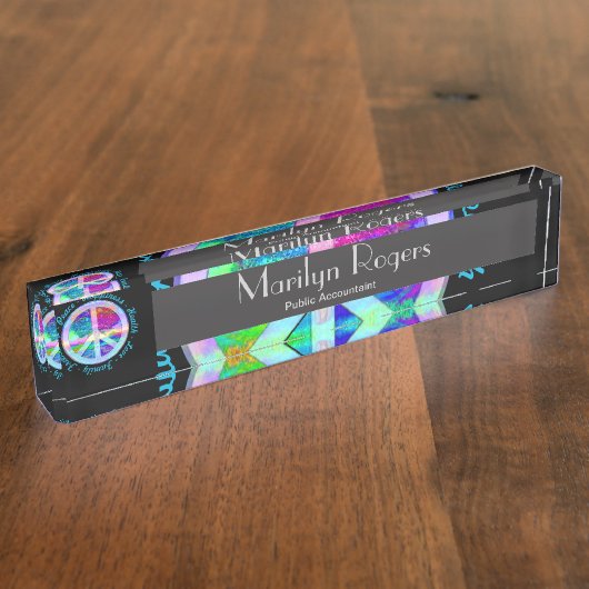 生命の樹との虹色のピースマーク デスクネームプレート (側面)