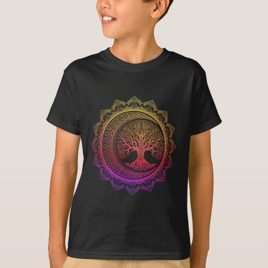 生命の樹 三日月 月の満ち欠け フラワーマンダラ ヨー Tシャツ (正面)