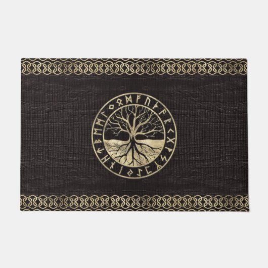 生命の樹-木のYggdrasilそしてRunes ドアマット (正面)