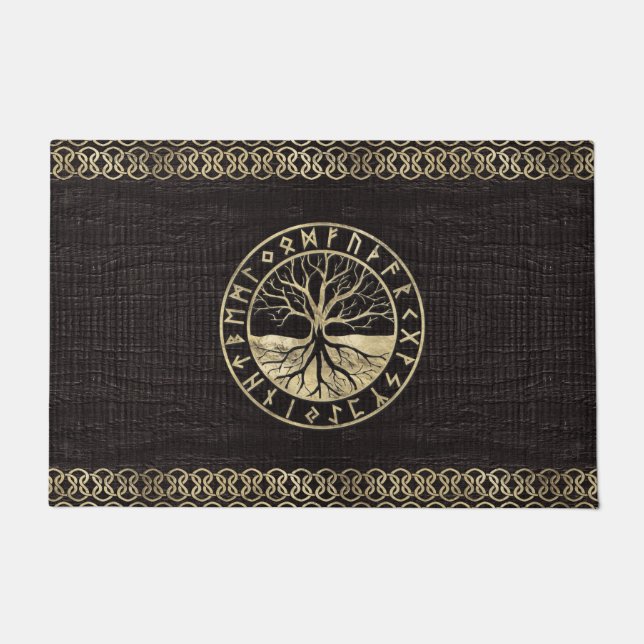 生命の樹-木のYggdrasilそしてRunes ドアマット (正面)