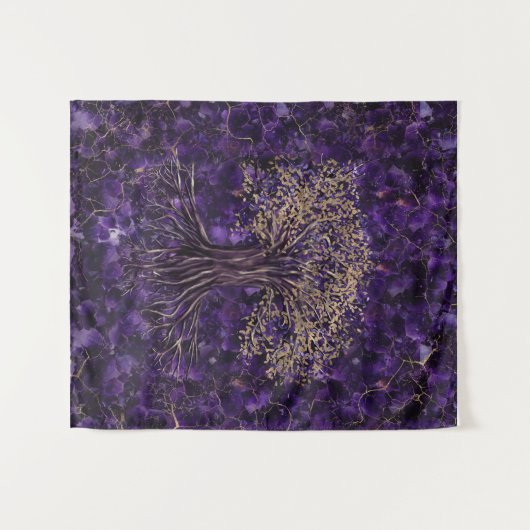 生命の樹- Yggdrasilのアメジストおよび金ゴールド タペストリー (正面(横))