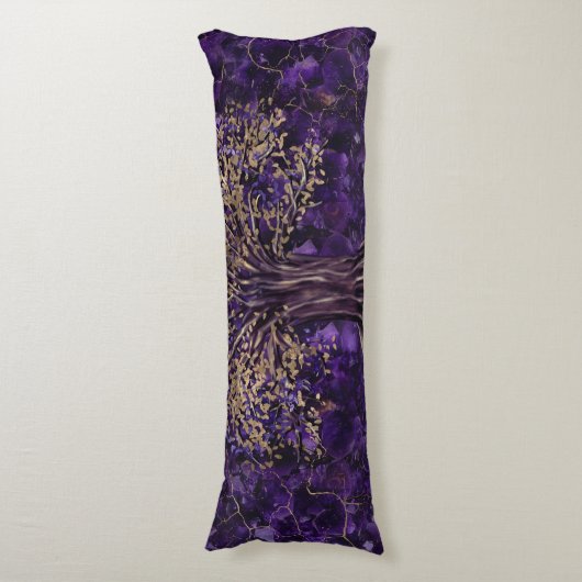 生命の樹- Yggdrasilのアメジストおよび金ゴールド ボディピロー (正面縦)