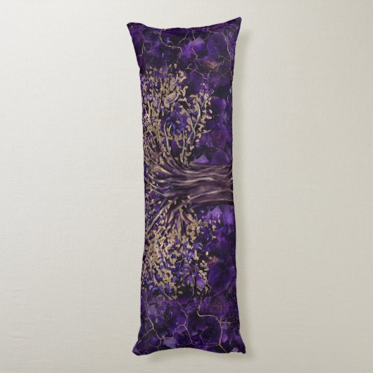 生命の樹- Yggdrasilのアメジストおよび金ゴールド ボディピロー (裏面 (縦))