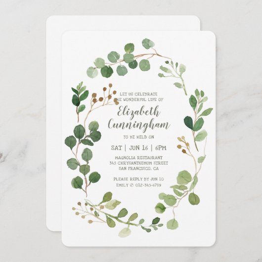 生命の祝祭 水彩画のグリーン フォリアージ 招待状 (正面/裏面)
