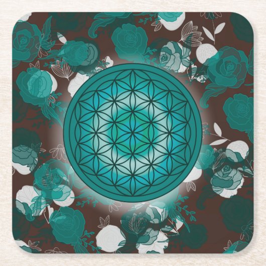 生命の花、聖なる幾何学模様、禅、チャクラ、 スクエアペーパーコースター (正面)