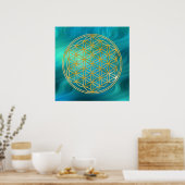 生命の花 |金ゴールド、ブルーグリーン波 ポスター (キッチン)