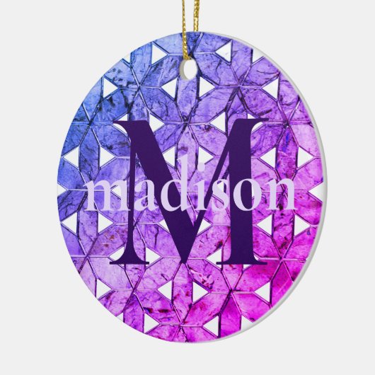 生命の青いピンクの紫色の花、おびえたジオメトリ セラミックオーナメント (左)
