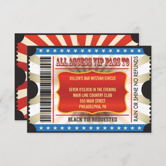 生命はサーカスのこうもりのバーの（ユダヤ教の）バル・ミツバーの招待状です 招待状 (正面/裏面)