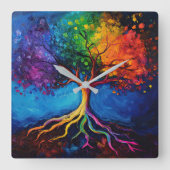 生命カラフル根の木の知識ウィズダム平和 スクエア壁時計 (正面)