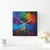 生命カラフル根の木の知識ウィズダム平和 スクエア壁時計 (ホーム)