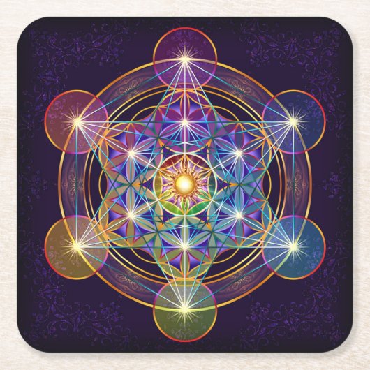 生命コースターの花が付いているMetatronの立方体 スクエアペーパーコースター (正面)