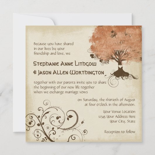 生命モダンの渦巻きスクロール木秋紅葉 招待状 (裏面)