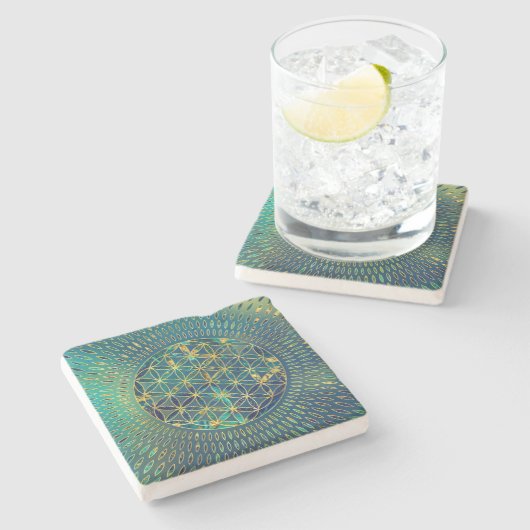 生命大理石および金ゴールドの花 ストーンコースター (横)