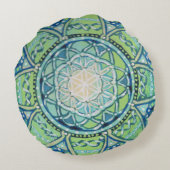 生命曼荼羅の円形の枕の青緑の花 ラウンドクッション (裏面)