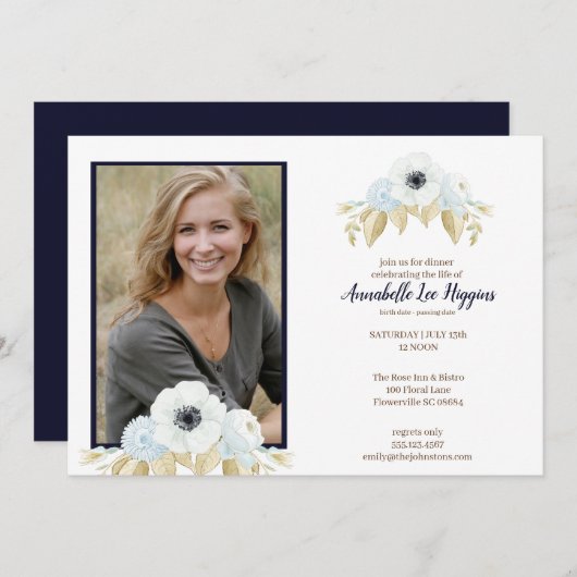 生命葬式のエレガントで青い花のお祝い サンキューカード (正面/裏面)