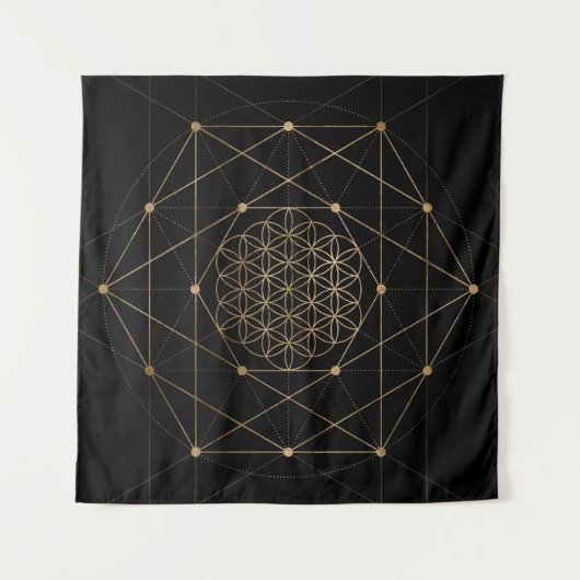 生命黒および金ゴールドの花 タペストリー (正面(横))