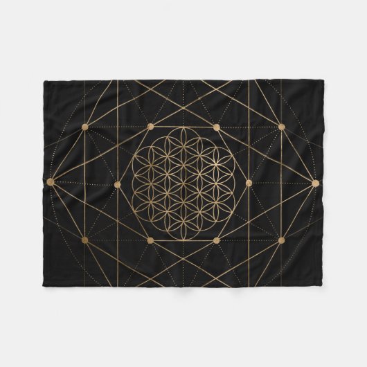生命黒および金ゴールドの花 フリースブランケット (正面(横))