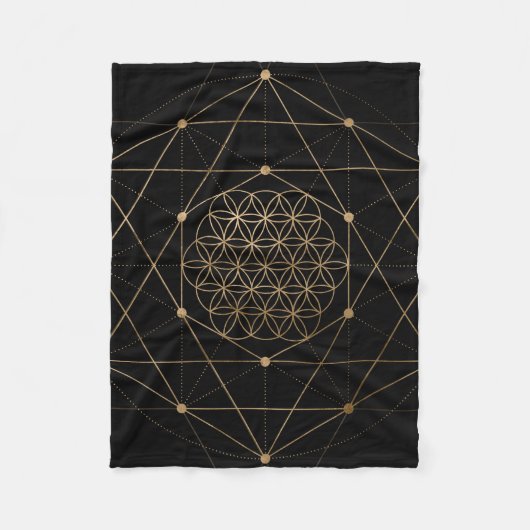 生命黒および金ゴールドの花 フリースブランケット (正面)