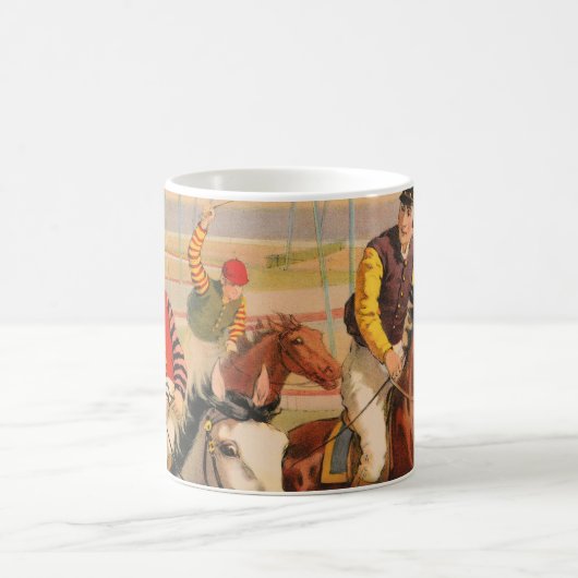 生垣を飛び越える馬のジョッキーのサーカスのポスター コーヒーマグカップ (中央)