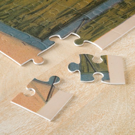 生垣を飛び越える馬のジョッキーのサーカスのポスター ジグソーパズル (側面)