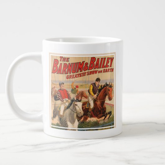 生垣を飛び越える馬のジョッキーのサーカスのポスター ジャンボコーヒーマグカップ (左)