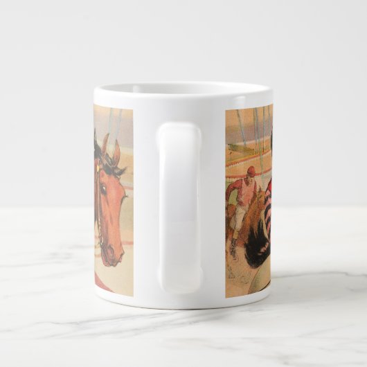 生垣を飛び越える馬のジョッキーのサーカスのポスター ジャンボコーヒーマグカップ (裏面)