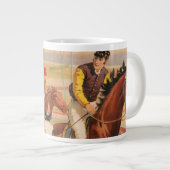 生垣を飛び越える馬のジョッキーのサーカスのポスター ジャンボコーヒーマグカップ (正面右)