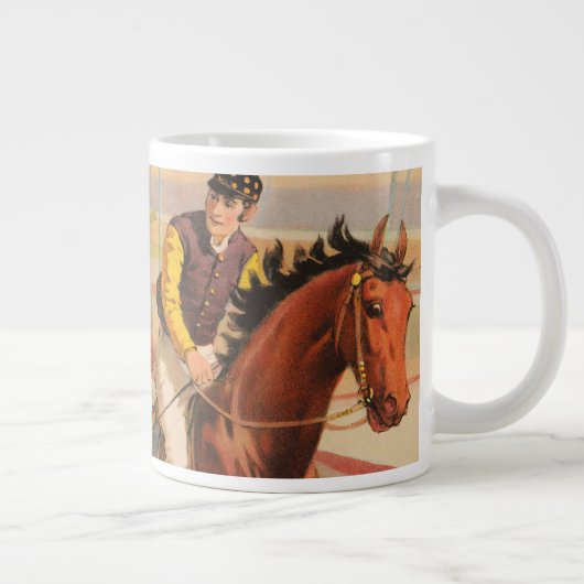 生垣を飛び越える馬のジョッキーのサーカスのポスター ジャンボコーヒーマグカップ (右)