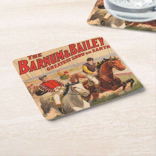 生垣を飛び越える馬のジョッキーのサーカスのポスター スクエアペーパーコースター (アングル)