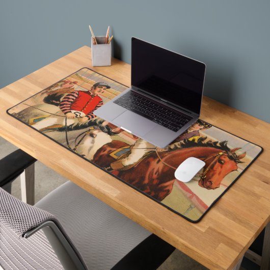 生垣を飛び越える馬のジョッキーのサーカスのポスター デスクマット (オフィス2)