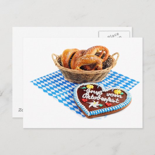 生姜のハート型お菓子とプレッツェル。オクトーバーフェスト ポストカード (正面/裏面)